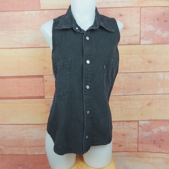 LEVI'S reworked SNAP denim top sleeveless blouse Size Small Y2K - Picture 3 of 8